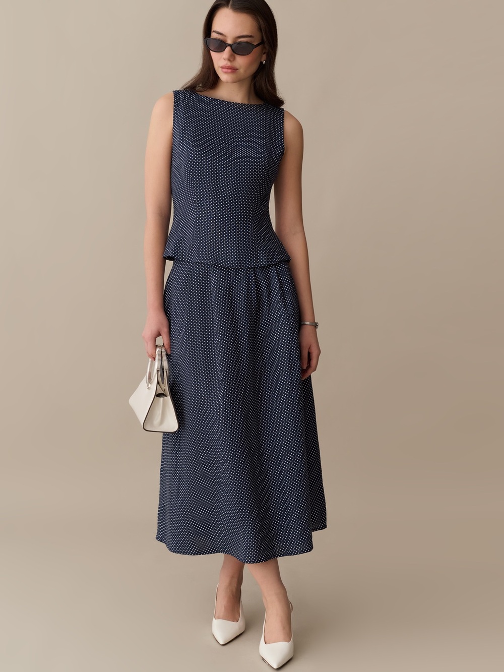 o.p.t Aveline Linen Set Polka Dot Navy Midi Skirt - Classic Women's Skirt